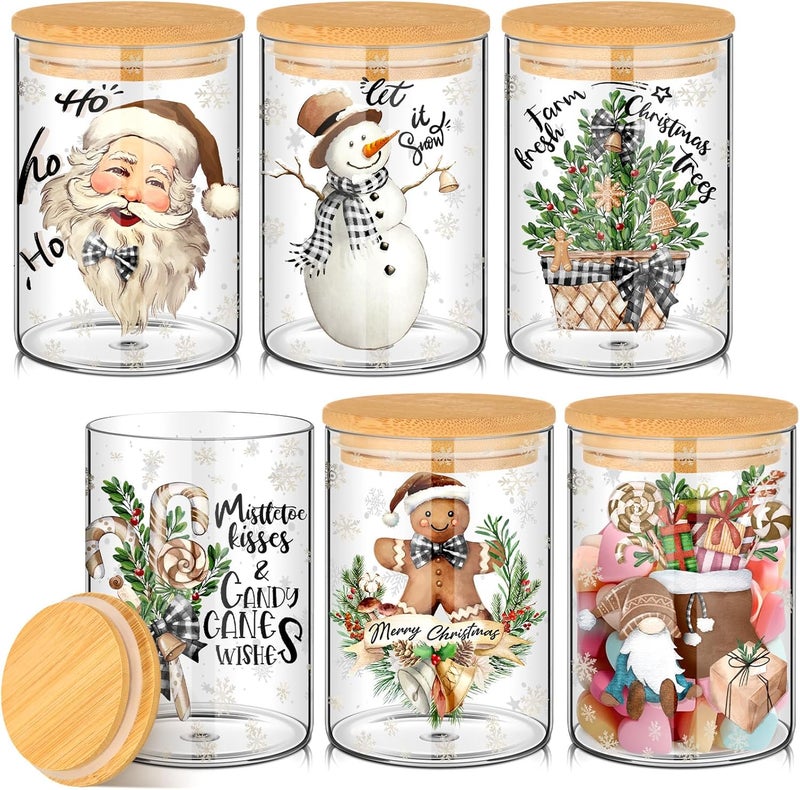 Shellwei 6 Pcs Christmas Glass Storage Jar With Airtight Bamboo Lid Classic Snowman Canister Sets Santa Bell Gift Cookie Jars Christmas Candy Storage 19oz for Kitchen Containers Countertop Decoration - Image 1